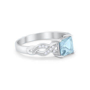 Solitaire Infinity Shank Ring Princess Cut Simulated Aquamarine CZ 925 Sterling Silver